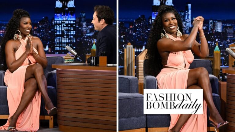 Bozoma Saint John Wore a Blush $287 J.Angelique ‘Tori’ Dress with Jessica Rich Heels to The Tonight Show with Jimmy Fallon