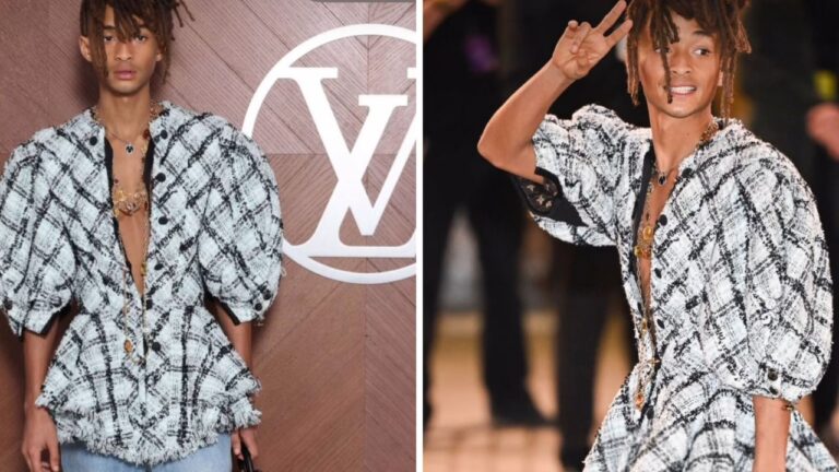 Jaden Smith Wore a Black and White Tweed Louis Vuitton SS25 Blazer with Light Blue Denim Jeans and a Petite Malle bag to Paris Fashion Week Show