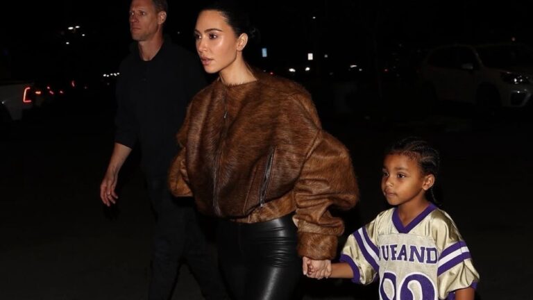 Kim Kardashian Stepped Out with her Son Psalm West in a Brown Fur Bomber Jacket with Black Leather Leggings