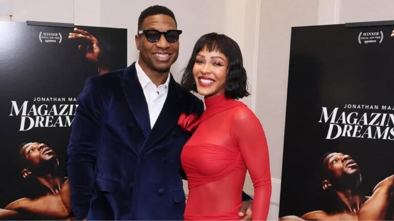 Meagan Good Posed with Her Husband Jonathan Majors in a Red Do Long Official Dress at the ‘Magazine Dreams’ Screening