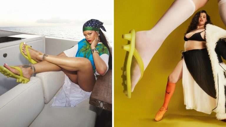 You Ask, We Answer: Rihanna New $90 Lime Sheen FENTY X PUMA “Cat Cleat” Jelly Sandals Are A Summer Essential