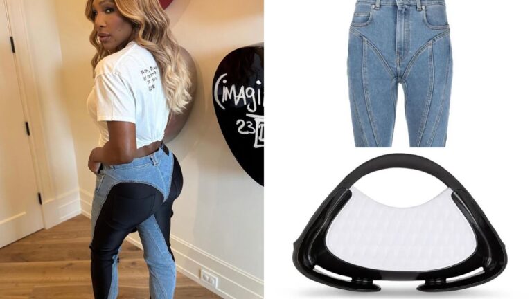 Serena Williams Posed for the ‘Gram in Blue $690 Mugler Jeans and a White $1,295 Balmain ‘Jolie Madame’ Handbag