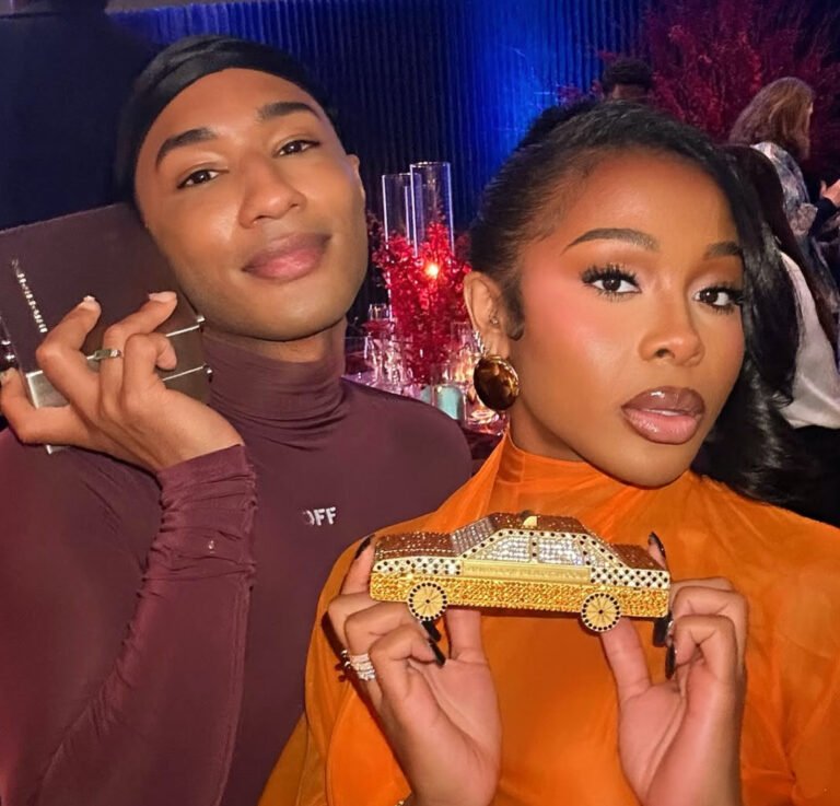 Jayda Cheaves Wears Laquan Smith Orange Spring 2023 Gown and Brandon Blackwood Bomb Accessories to the Black Arts Council Benefit