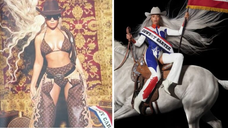 Beyonce Slays in a Louis Vuitton Monogram Swimsuit with Matching Chaps For Cowboy Carter Promo