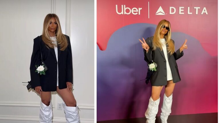 Ciara Attended an Uber X Delta Event in a Black Alexander Wang Blazer with White Brandon Blackwood Boots