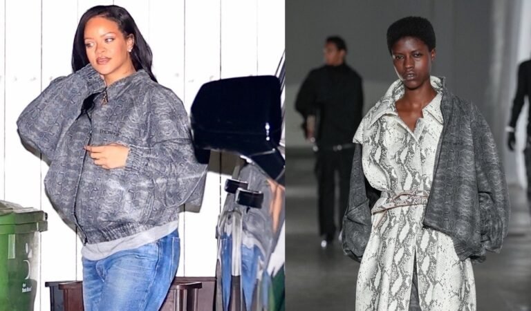 Rihanna Dines at Giorgio Baldi in Luther Snake Print Jacket, Celine Jeans, and Amina Muaddi Heels