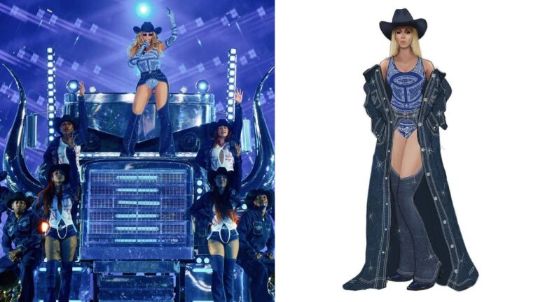 Beyonce Performed in a Blue Denim Telfar Set and Cobalt Blue Paisley Bodysuit on her Cowboy Carter Tour