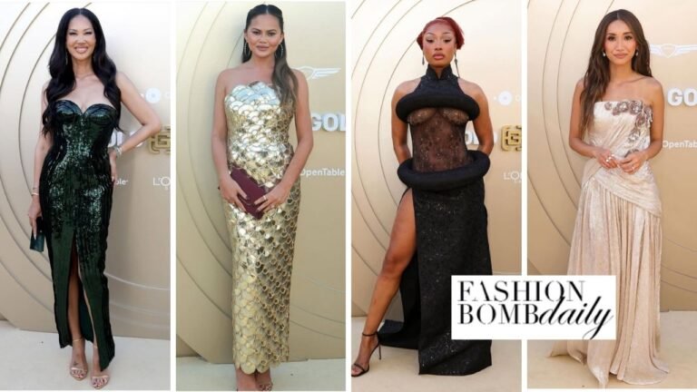 On the Scene at the Gold Gala: Kimora Lee Simmons in a Green Maisonmet Sequined Dress, Chrissy Teigan in a Gold Oscar De La Renta Gown, Megan Thee Stallion in a Black Quine Li Look & More!