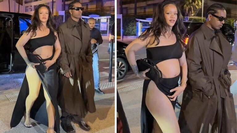 Rihanna Steps Out in a Black Cutout Alaia Maxi Dress with A$AP Rocky in a Brown Calvin Klein Trench Jacket and Suit in Cannes
