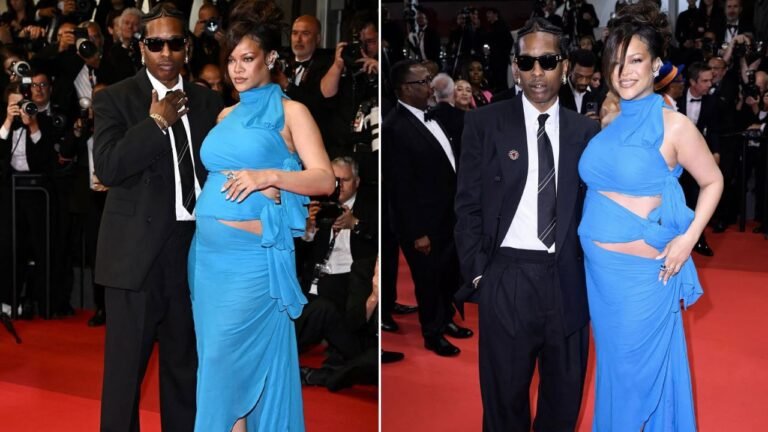 Rihanna Stunned in a Turquoise Alaia Cut-out Gown with Beau A$AP Rocky in a Black YSL Suit at the ‘Highest 2 Lowest’ Premiere in Cannes
