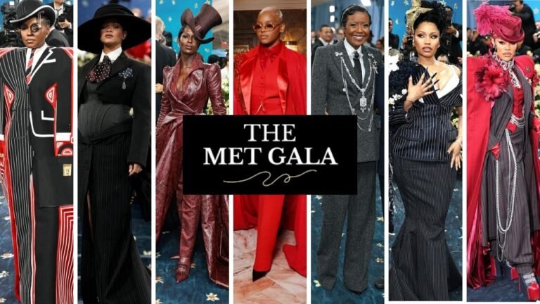 Top 10 Best-Dressed Celebs at the 2025 MET Gala: Janelle Monae in a Red and Black Thom Browne Tuxedo, Rihanna in a Black Marc Jacobs Look, Jodie Turner in a Maroon Burburry Leather Set, & Claire Sulmers in a Red Deji & Kola Custom Suit