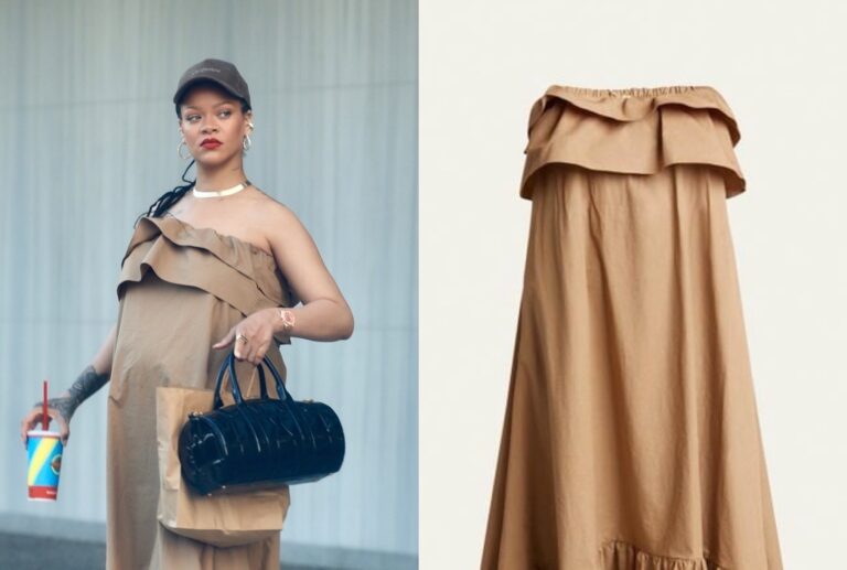 Rihanna Wears Brown Light YSL Cotton-Poplin Dress and Schiaparelli Bag for FatBurger Craving