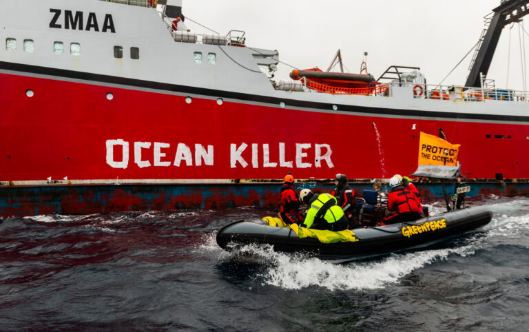 Greenpeace activists rebrand NZ bottom trawler “ocean killer” at sea