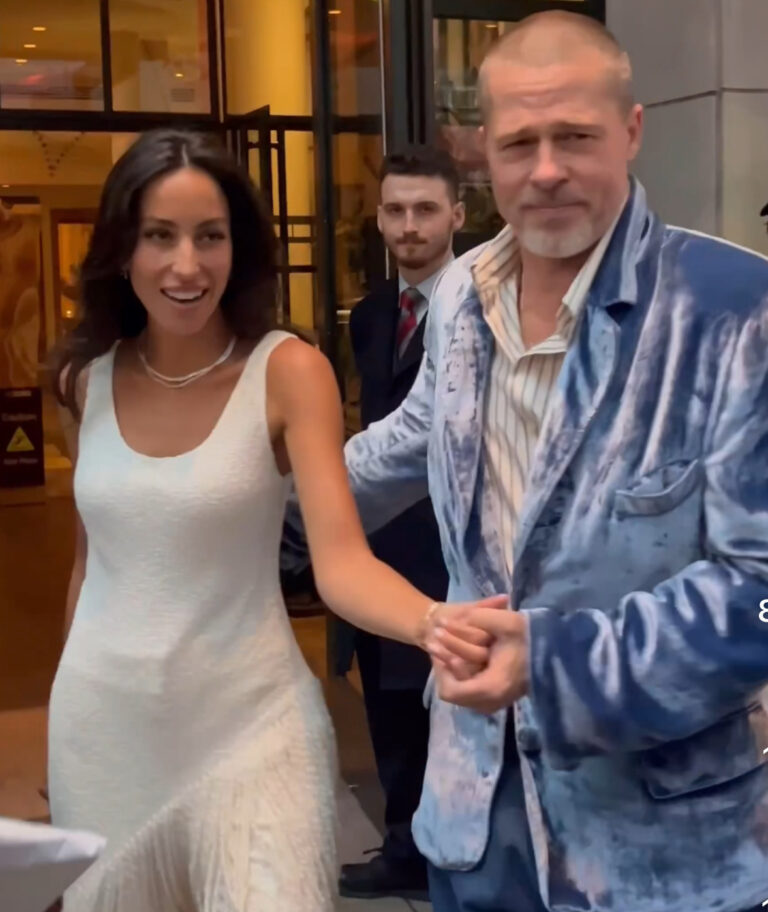 Brad Pitt Wears Blue Velvet Willy Chavarria Blazer as Ines de Ramon Stuns in Ivory Silk Boucle Fringed Gabriela Hearst Set