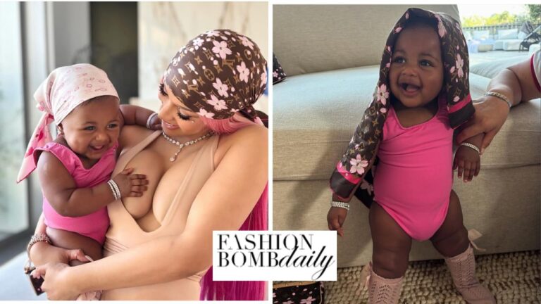 Cardi B Debuts Daughter Blossom in a Pink and Tan Louis Vuitton X Takashi Murakami Cherry Blossom Accessories