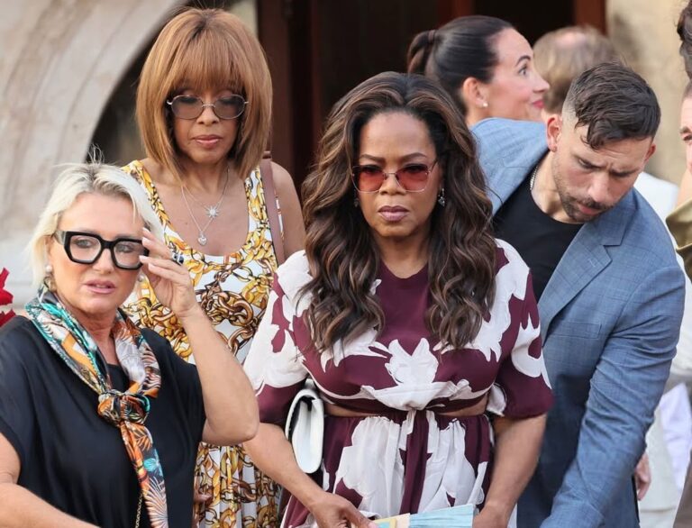 Oprah Winfrey and Gayle King Serve Elegant Style in Burgundy Printed Valentino and Chain Print Louis Vuitton at Jeff Bezos and Lauren Sanchez’s Venice Wedding