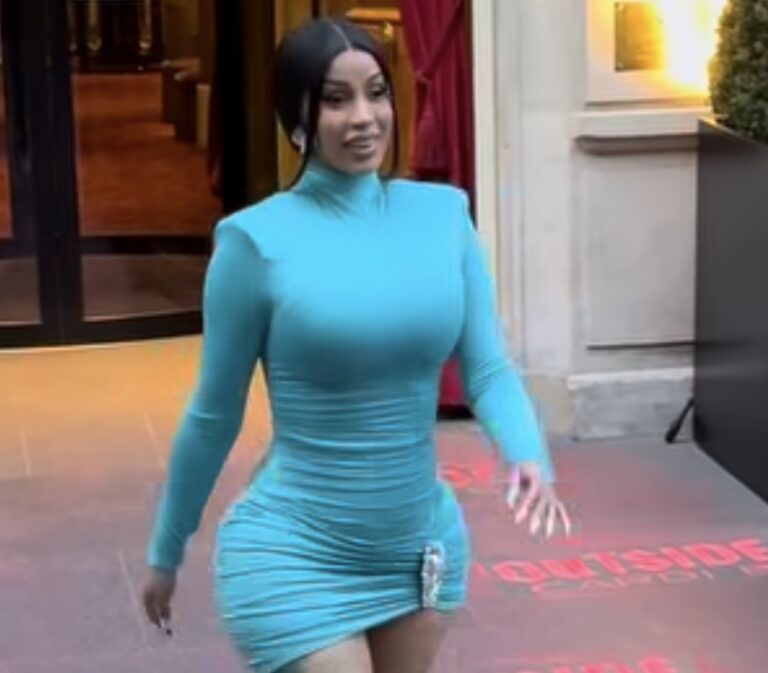 Cardi B Greets Fans in Area Teal Crystal Mini Dress While Promoting Outside in Paris