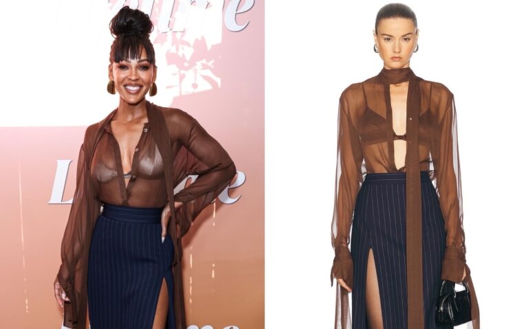 Meagan Good Wears LaQuan Smith Chocolate Organza Blouse and Navy Pinstripe Skirt to Lifetime Summer Soiree
