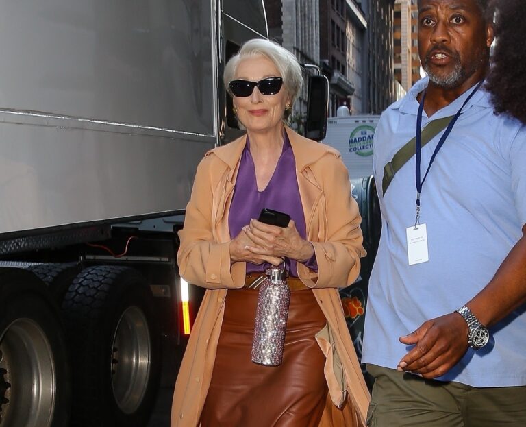 Meryl Streep Wears Purple Blouse and Brown Leather Skirt on Set of Devil Wears Prada 2