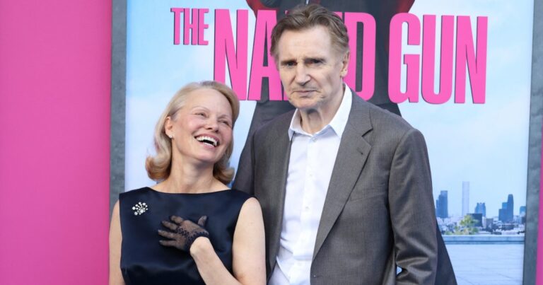 Pamela Anderson and Liam Neeson Bring Kids to The Naked Gun Premiere