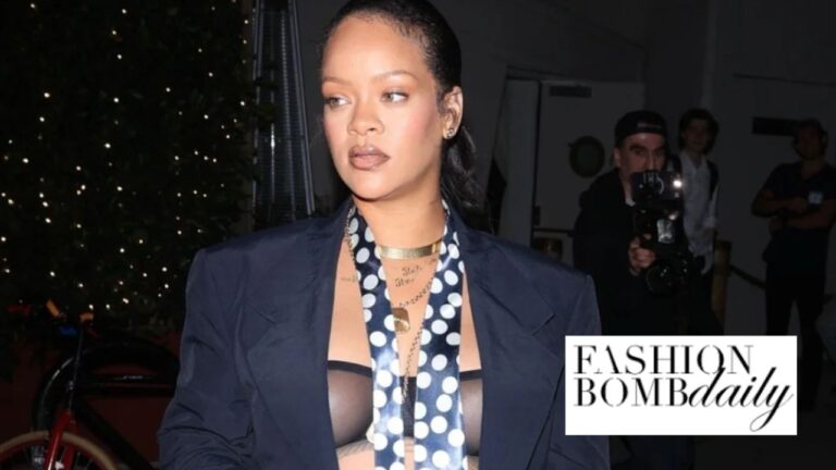 Rihanna Grabbed Dinner at Giorgio Baldi in a Black Oversized ERL Suit, with a Polka Dot Tie and a Black Savage X Fenty Sheer Bralette