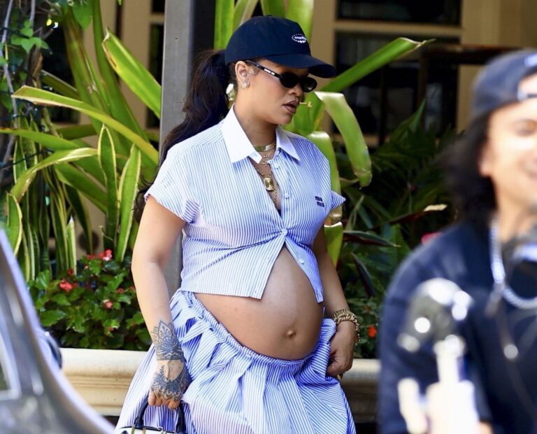 Rihanna Pairs a Miu Miu Striped Look with a Louis Vuitton x Stephen Sprouse Bag and Louboutin Flats for Chic Maternity Street Style Moment