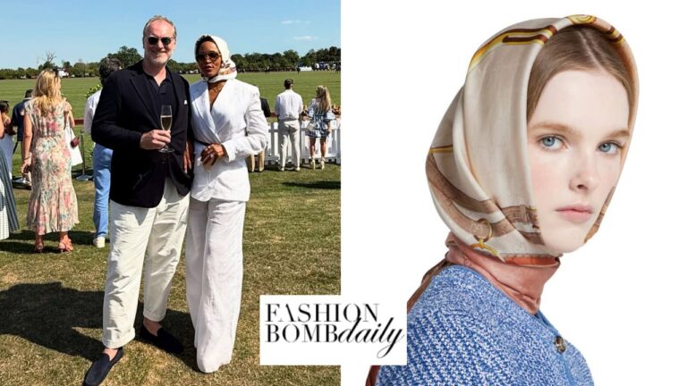 You Ask, we answer! Eve Posed with her husband in a White Chloe Linen Suit with a $540 Equestrian-print Gucci Scarf