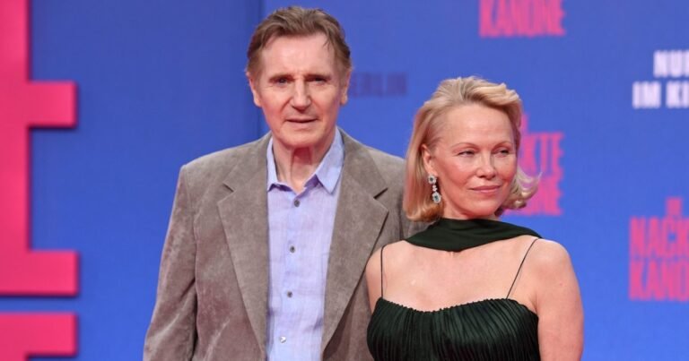 Liam Neeson Gives Pamela Anderson a Forehead Kiss in Naked Gun Promo