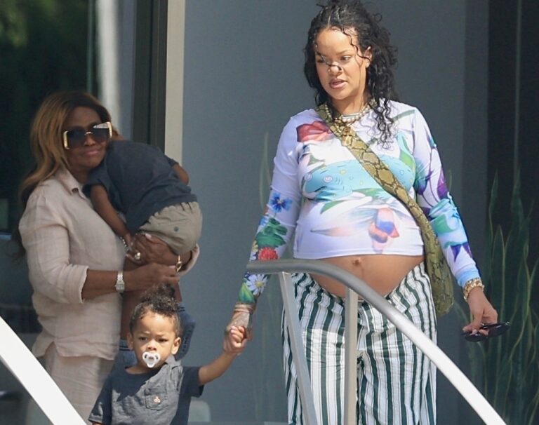 Rihanna Steps Out in Floral Chopova Lowena Blue Chameleon Top and Green-Striped Savage x Fenty Pants with Her Mom and Sons RZA and Riot in Beverly Hills