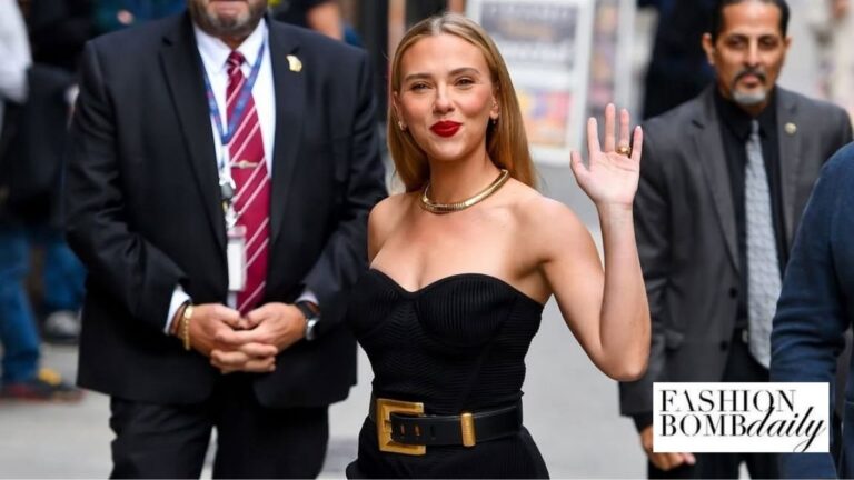 Scarlett Johansson Steps Out in a Black Balmain Strapless Dress in New York