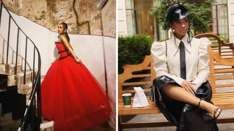 Saweetie Attended London Fashion Week in a Red Richard Quinn Dress + a White Tolu Coker Cropped Top with Black Glossy Culottes