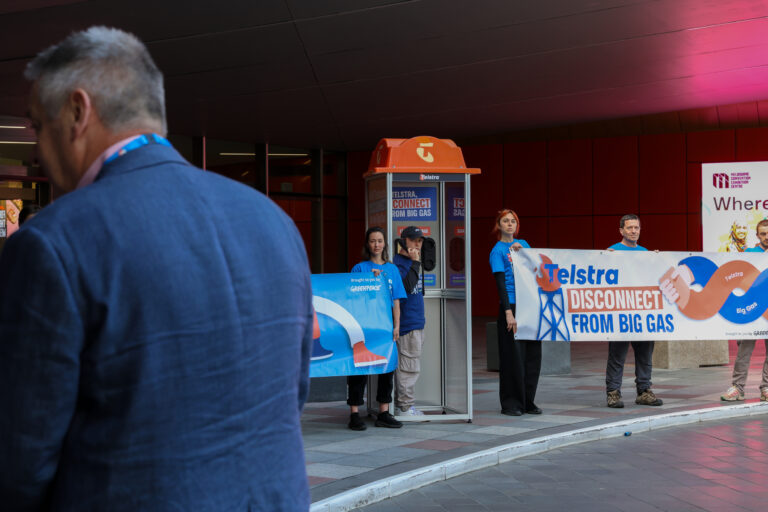 Greenpeace stages protest at Telstra’s AGM, urging the company to break ties with the Business Council of Australia over misalignment on climate