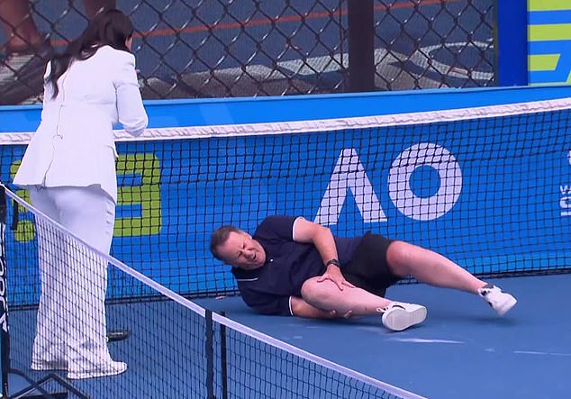Concern for Channel Nine star Tony Jones as he takes a nasty fall on live TV at the Australian Open