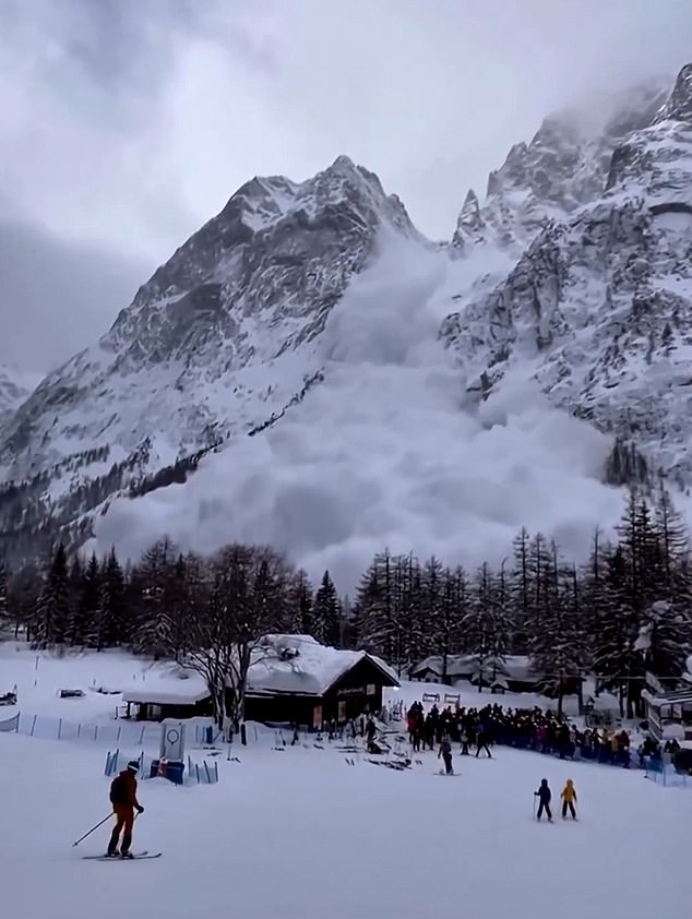 Moment avalanche cascades down mountain in Italy as dozens of skiers watch on – before desperately trying to flee