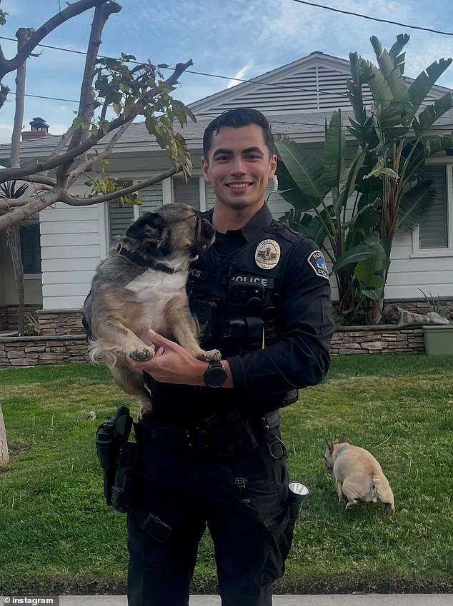 Hunky California cop sends hearts racing as he poses with French Bulldog he met on a job