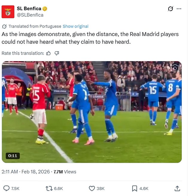 Benfica release new racism row footage to make incredible public claim that Real Madrid’s players are lying about abuse of Vinicius Jr – posted at 2am