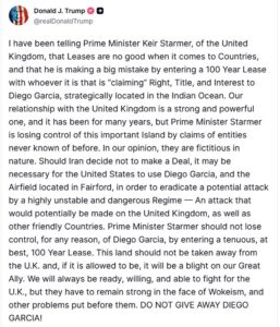 Trump blasts Starmer for making a ‘big mistake’ with Chagos deal and tells PM to ‘remain strong in the face of wokeism’