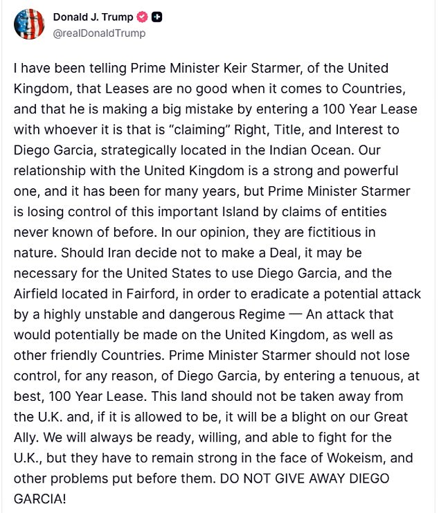 Trump blasts Starmer for making a ‘big mistake’ with Chagos deal and tells PM to ‘remain strong in the face of wokeism’