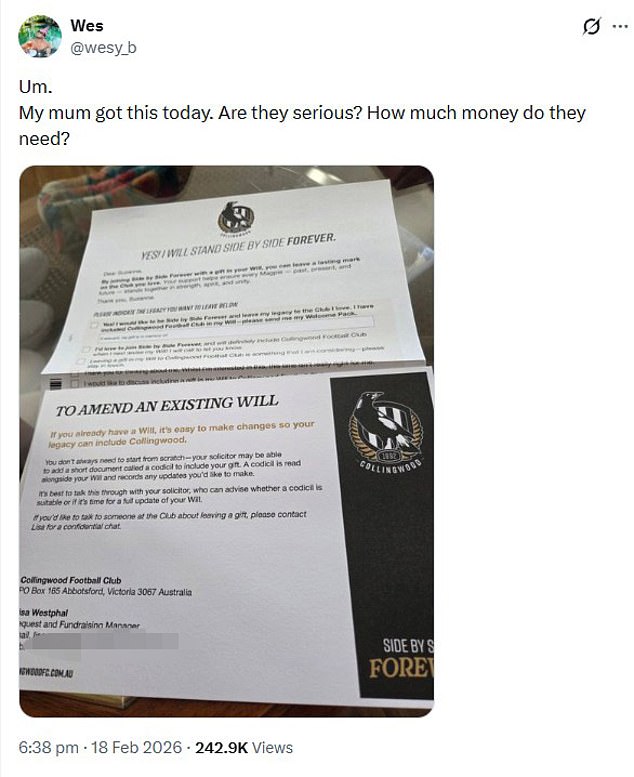 Footy fans fume after leading AFL club outrageously suggest supporters leave a ‘gift’ in their will: ‘how much money do they need’