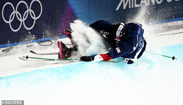 Horrifying moment American ski star is left in a crumpled heap after crashing while seconds away from a Winter Olympics gold medal