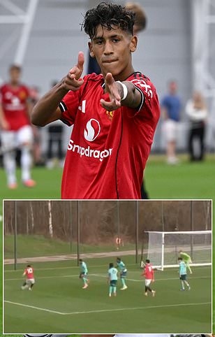Man United’s teen sensation JJ Gabriel scores a WONDER goal for Red Devils’ U18s – and Michael Carrick is in the stands to watch it!