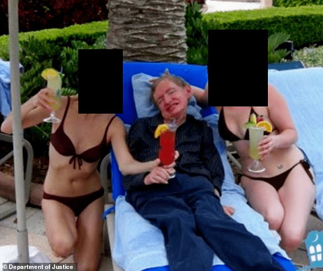 Professor Stephen Hawking seen grinning from ear-to-ear sandwiched between two bikini-clad women in latest jaw-dropping Epstein files photo