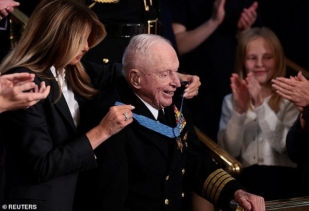 Melania Trump salutes a 100-year-old WWII hero as the president hails American heroes who ‘keep our country free’