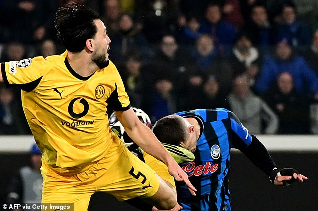 Atalanta dump Borussia Dortmund out of the Champions League with final kick of the game as brutal high tackle leads to THREE red cards and a blood-soaked player
