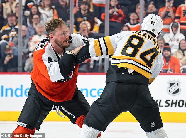NHL enforcers drop gloves for epic heavyweight brawl after ‘booking center ice’ for their scrap in warmups