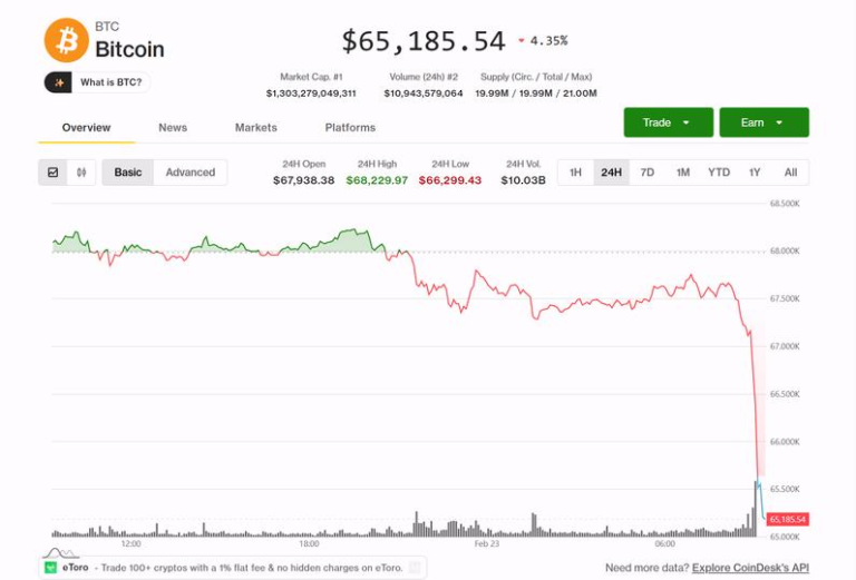 Bitcoin slides 5%,  tumbling below $65,000 as whale selling grows and recent buyers lock in losses