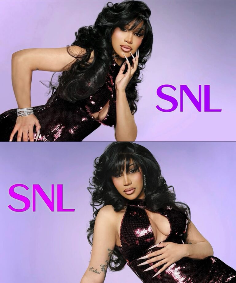 Cardi B ‘s Saturday Night Live Promotional Photos Burgundy Sequined Sergio Hudson Halter Gown