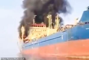 Iran claims it has struck British oil tankers with missiles as footage emerges of ship up in flames in Strait of Hormuz