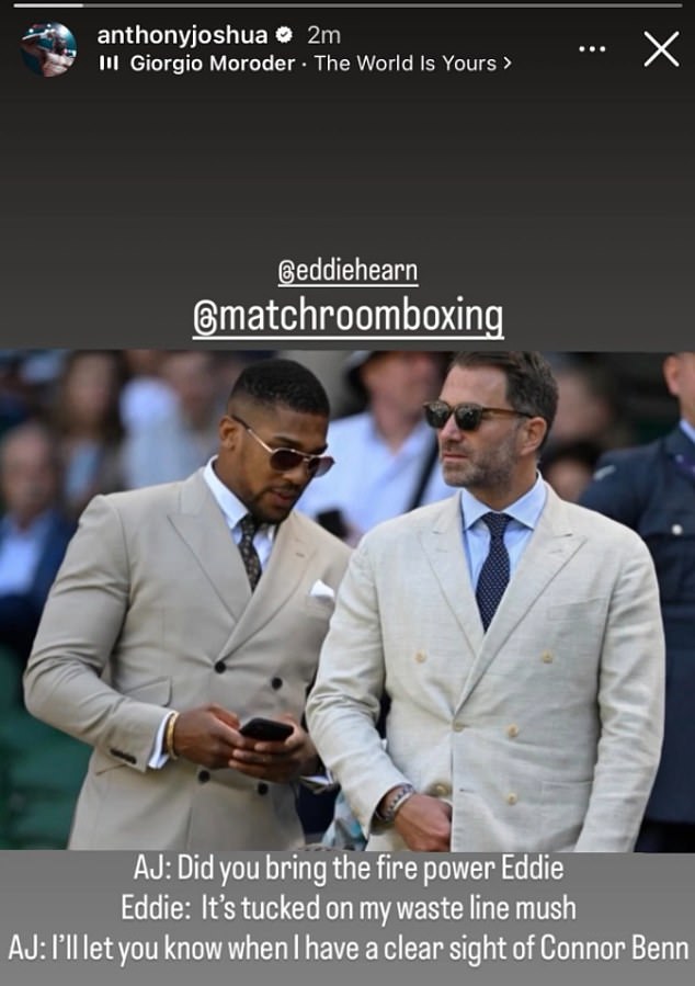 Anthony Joshua takes a shot at Conor Benn in Instagram post as Brit shows his support for long-time promoter Eddie Hearn after former stablemate left Matchroom for rival Zuffa Boxing