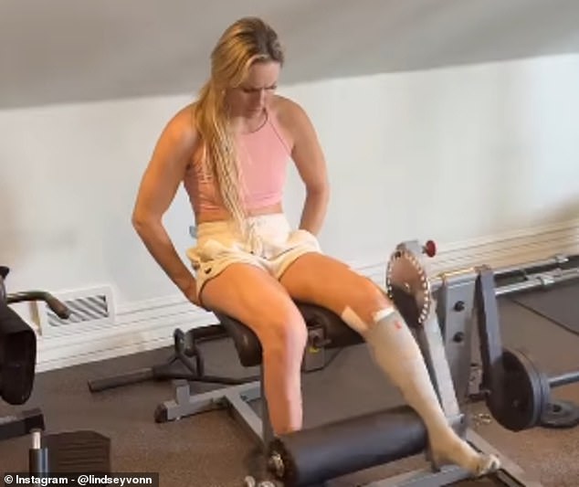 Lindsey Vonn is out of her wheelchair and working out less than a month after doctors almost had to amputate American skiing hero’s leg